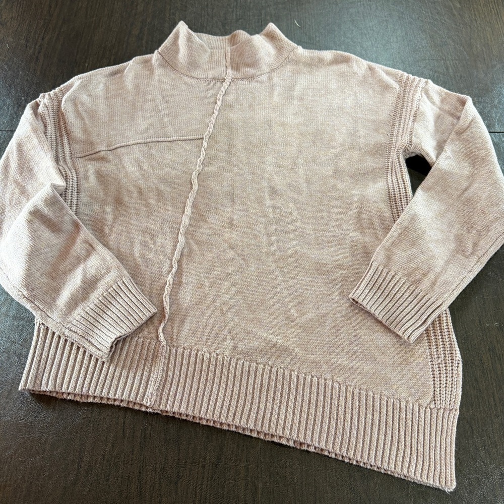 Hem and Thread Soft Rib-Trim Mock Neck A line Sweater in Dusty Rose Sz L